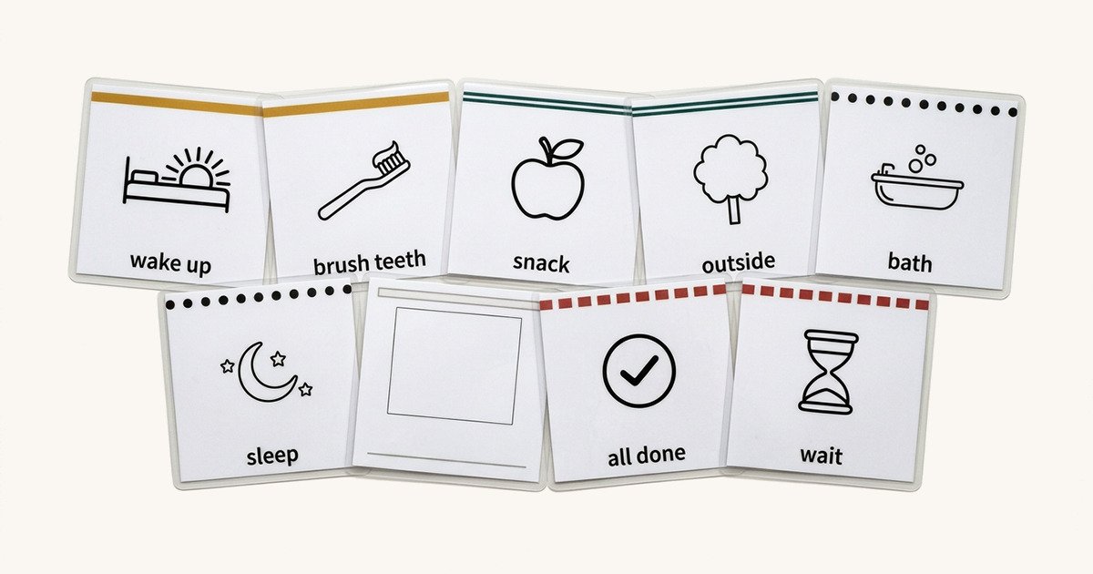 Printed visual schedule cards fanned out, showing black line icons and lowercase labels
