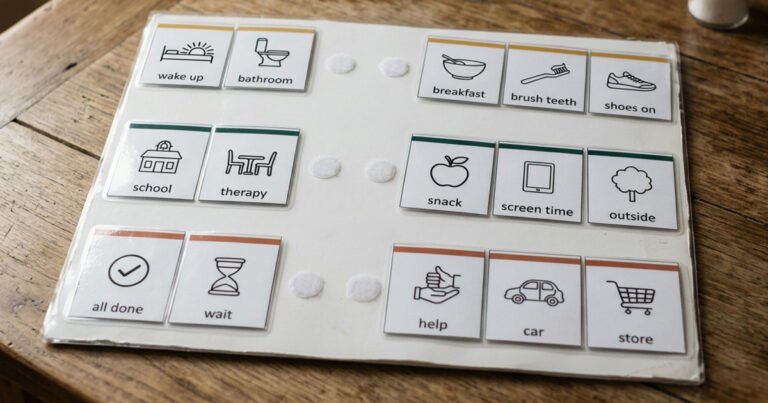 Illustration of a laminated visual schedule board with lowercase picture cards for a morning routine